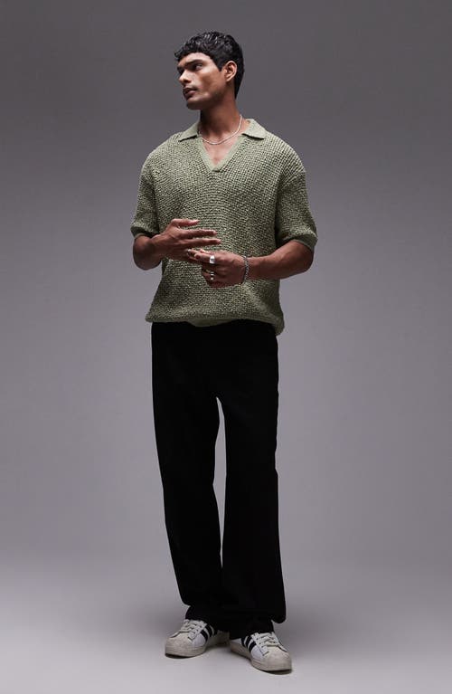 Topman Knit Camp Collar Polo In Khaki-green In Khaki