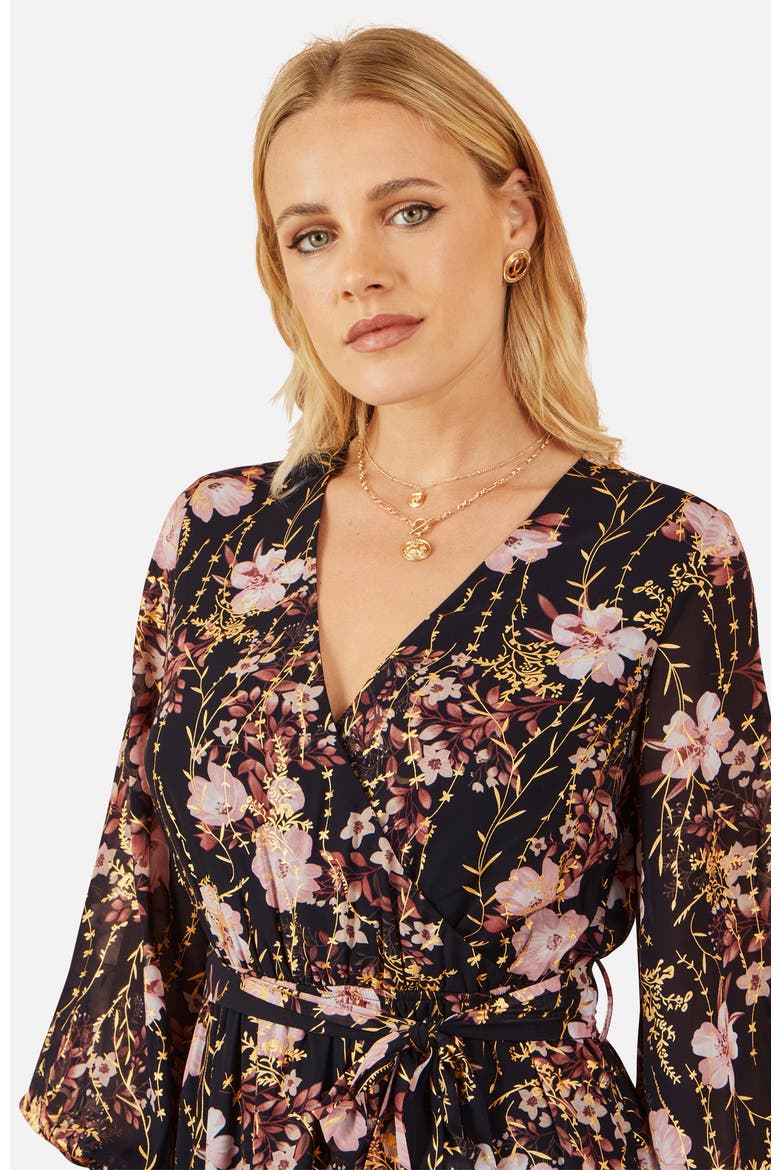 Foiled Floral Print Wrap Midi Dress, Alternate, color, Black