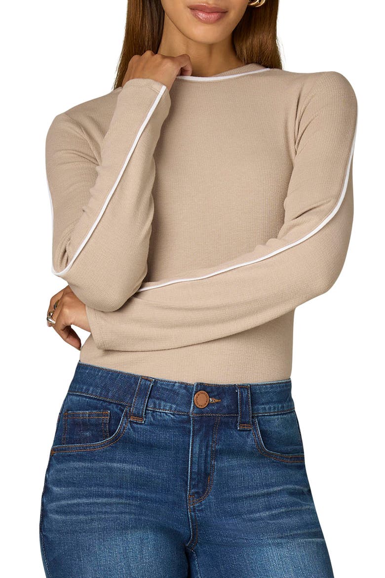 Contrast Piping Long Sleeve Rib T-Shirt, Main, color, FLAX/ WHITE