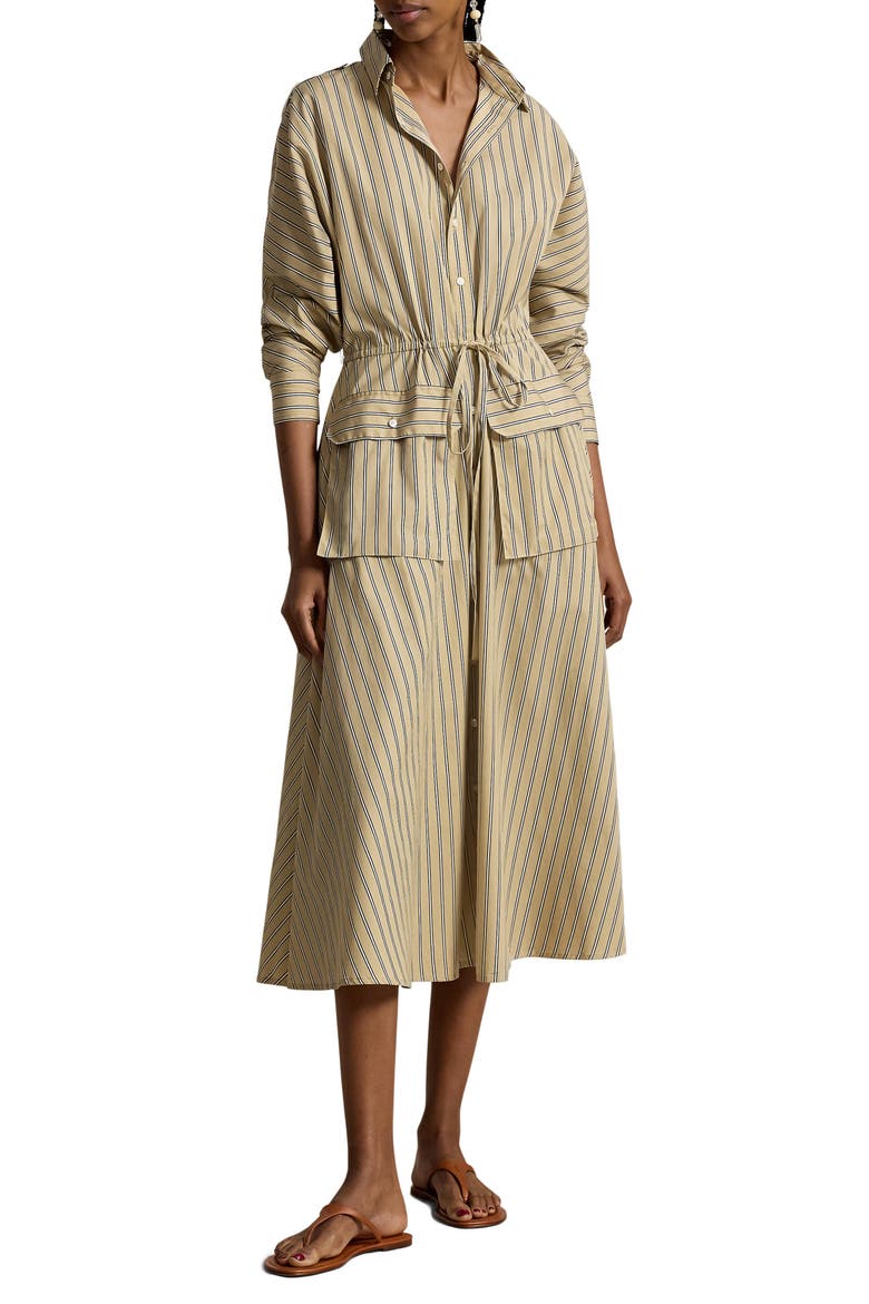 Stripe Long Sleeve Cotton Canvas Utility Shirtdress, Main, color, TAN-ROYAL MULTI