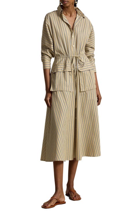Stripe Long Sleeve Cotton Canvas Utility Shirtdress