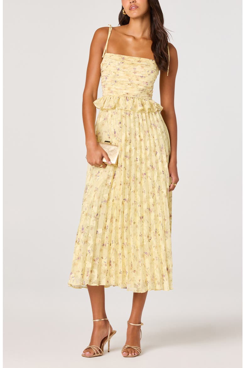 Emerys Metallic Floral Pleated Midi Dress, Main, color, YELLOW FLORAL