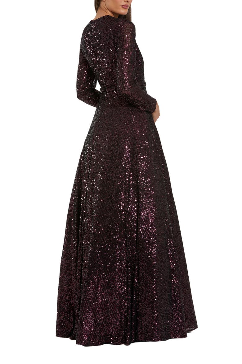 Long Sleeve Sequin Ballgown With 3D Flower, Alternate, color, Amethyst
