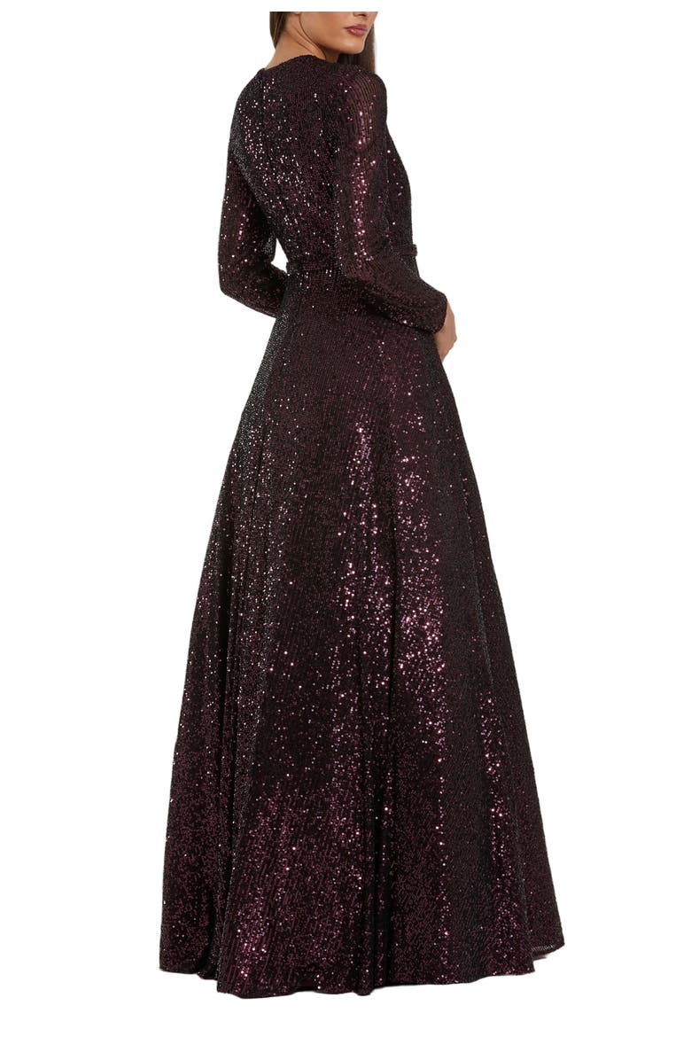 Mac Duggal Long Sleeve Sequin Ballgown With 3D Flower, Alternate, color, Amethyst