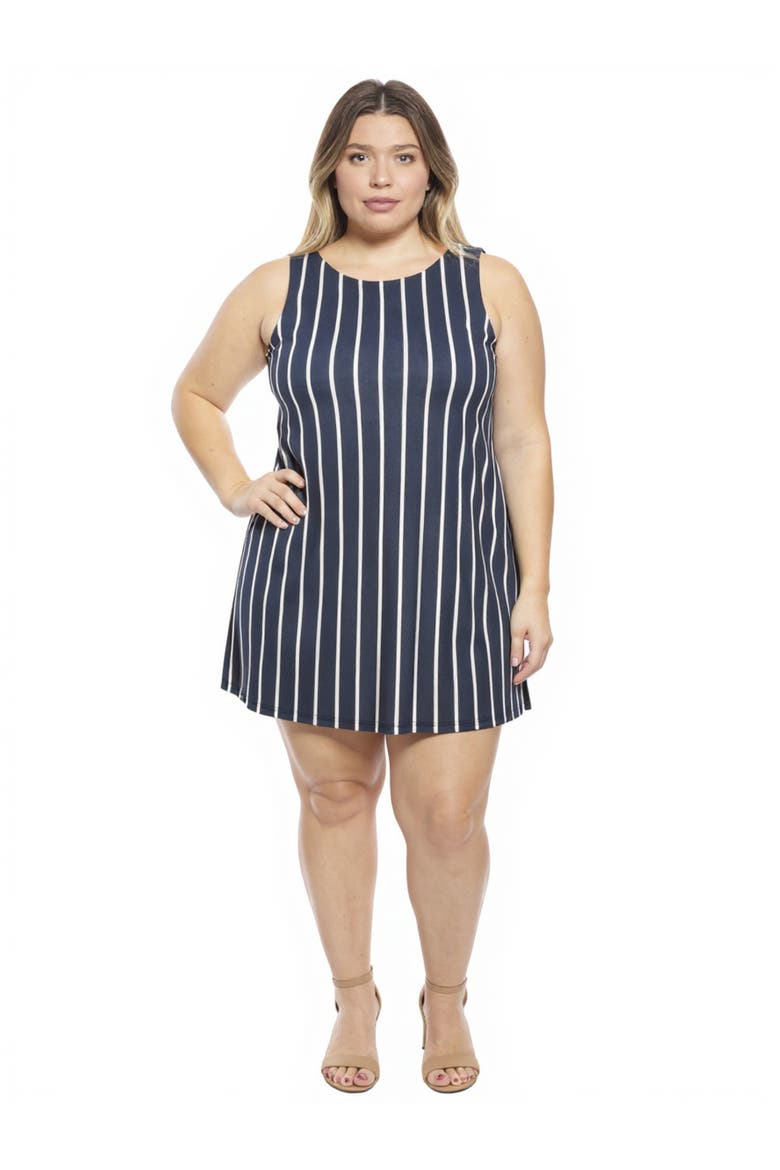 Plus Size Striped Round Neck Sleeveless A-Line Mini Shift Dress, Main, color, Navy Multi