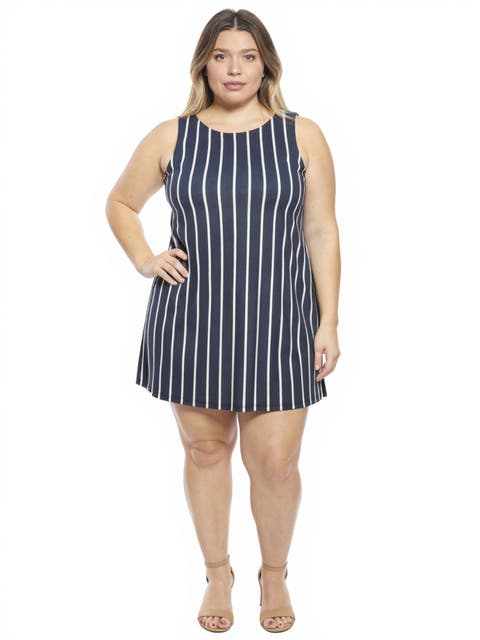 Plus Size Striped Round Neck Sleeveless A-Line Mini Shift Dress