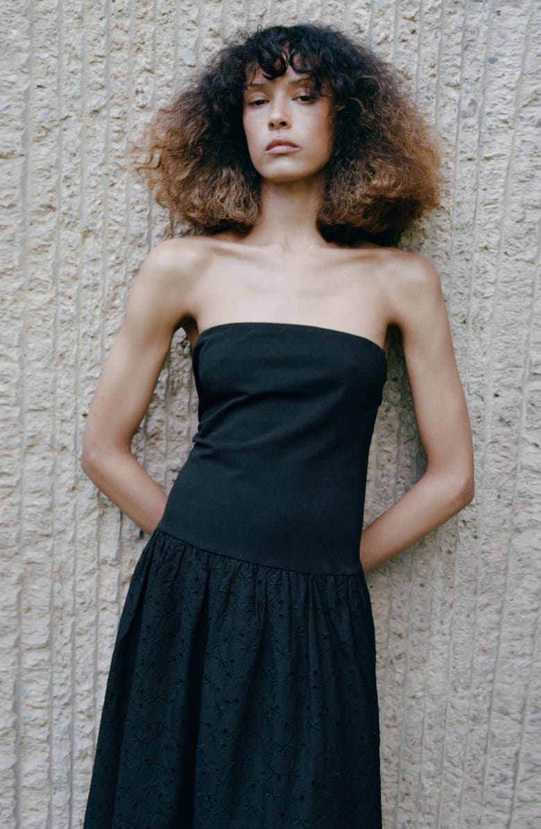 MANGO Embroidered Eyelet Strapless Maxi Dress, Alternate, color, Black