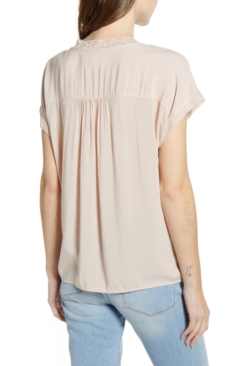 Lace Trim Short Sleeve Blouse, Alternate, color, PETAL