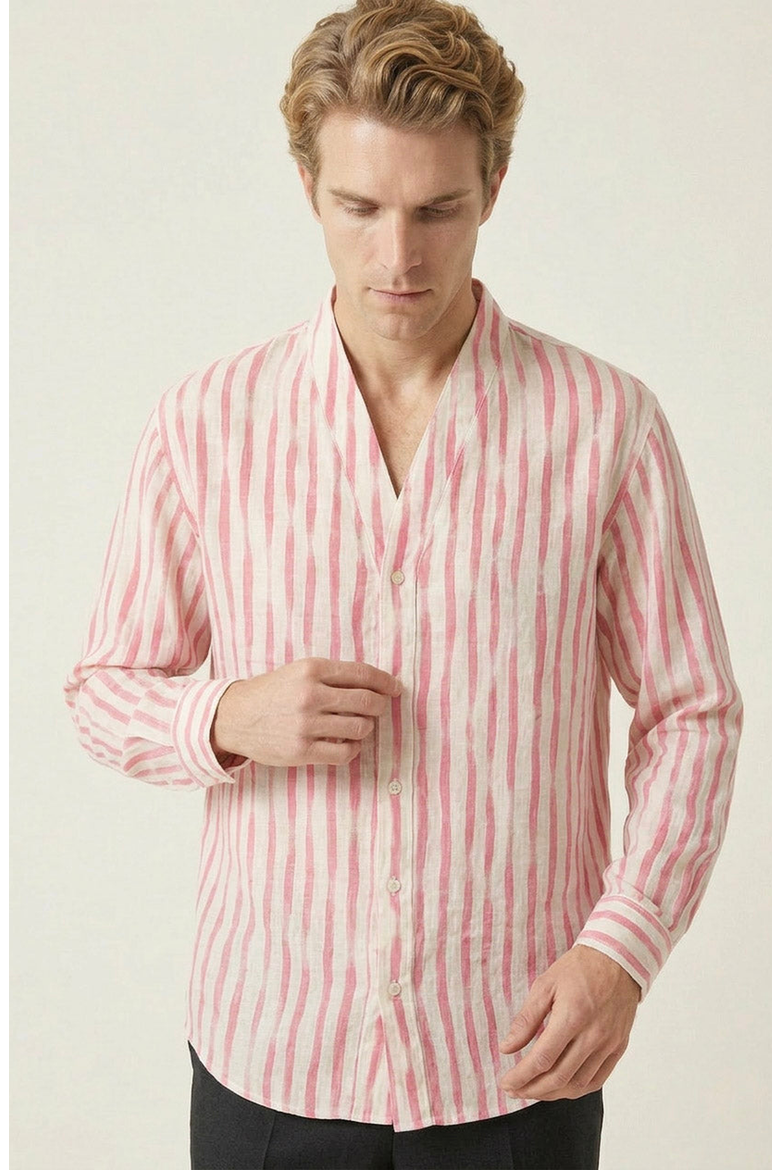 Striped Open Collar Button Front Shirt, Main, color, Cream / Coral Stripes