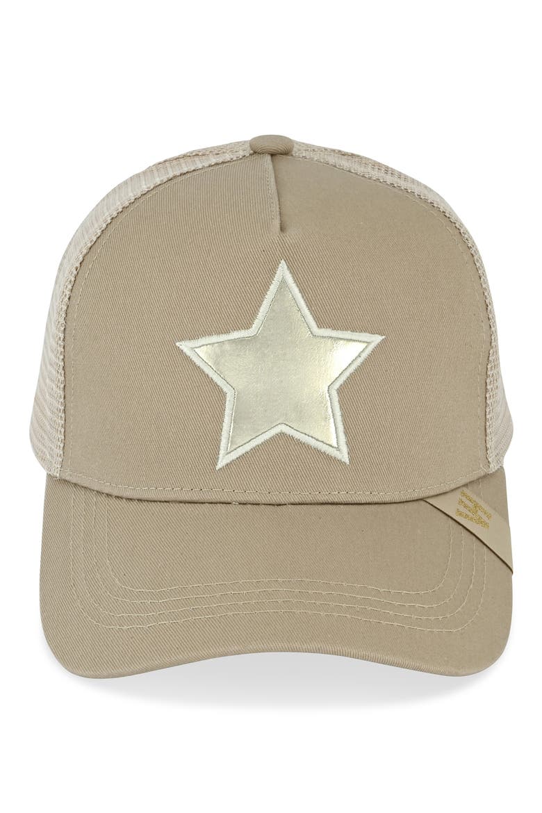 Washed Embroidered Star Mesh Panel Trucker Hat, Main, color, KHAKI/ WASHED GOLD