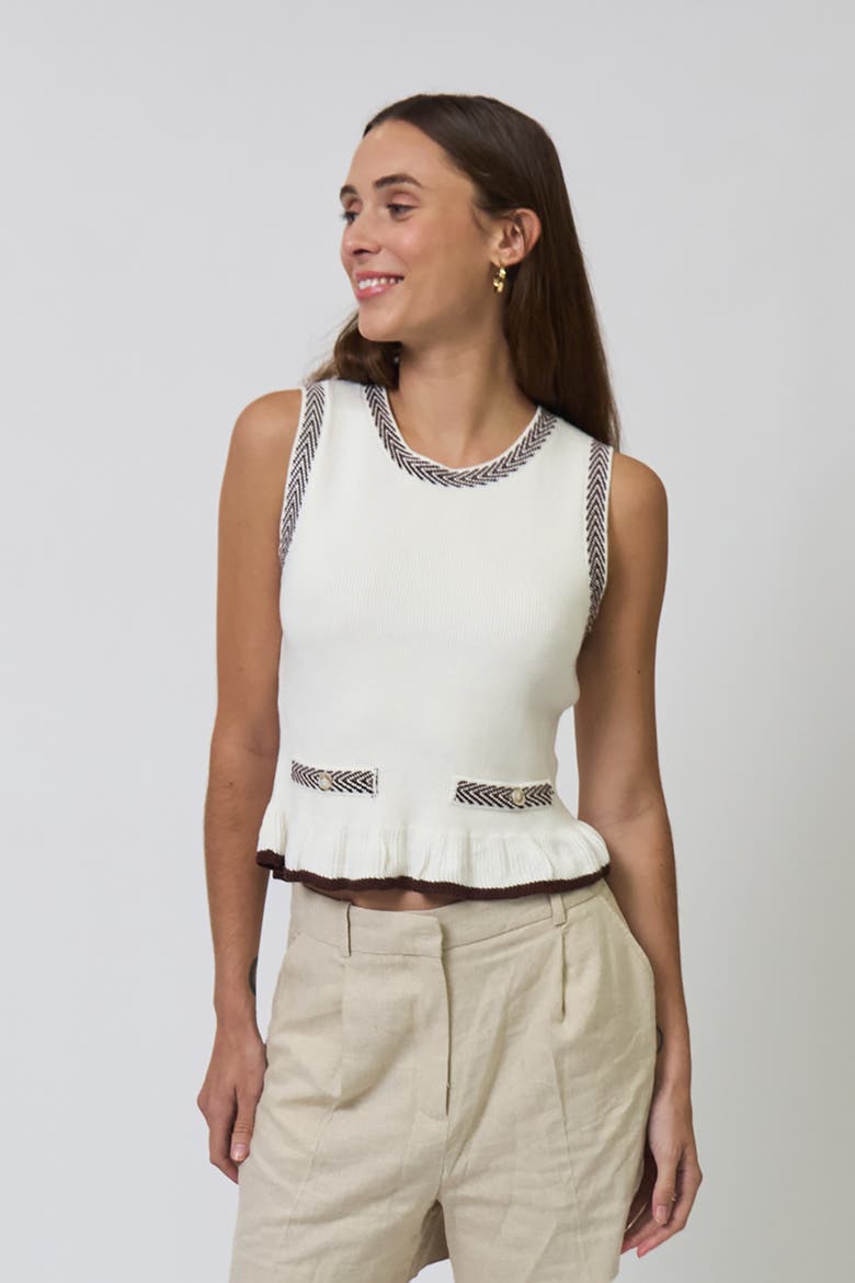 Chloe Ruffle Hem Mixed Herringbone Shell, Alternate, color, IVORY/BROWN