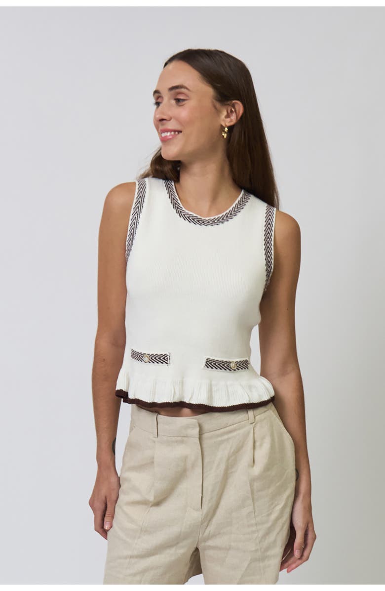 Central Park West Chloe Ruffle Hem Mixed Herringbone Shell, Alternate, color, Ivory/Brown