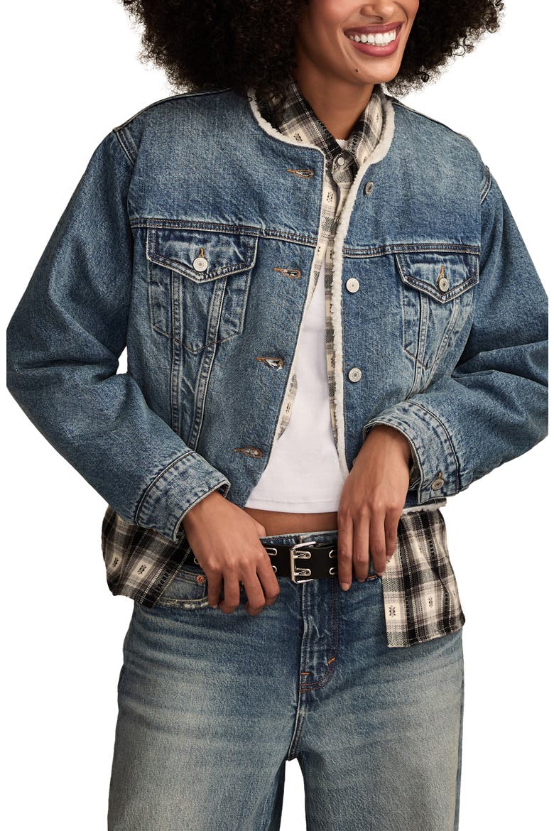 Collarless Crop Denim Trucker Jacket, Main, color, COZY COTTAGE WASH