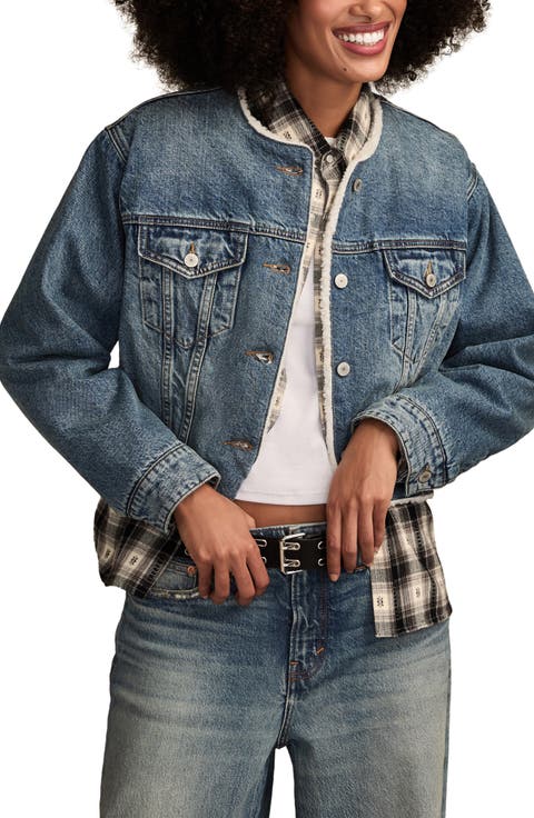Collarless Crop Denim Trucker Jacket
