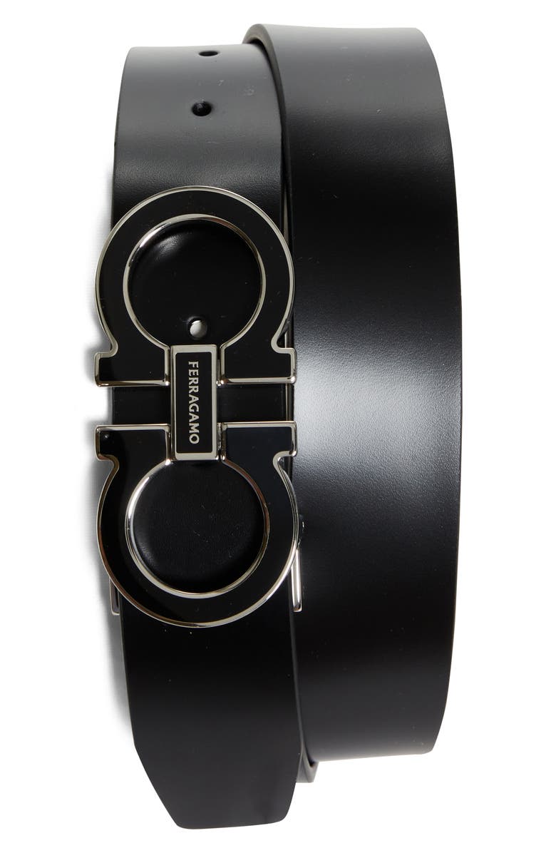 FERRAGAMO Double Gancio Leather Belt, Main, color, Nero