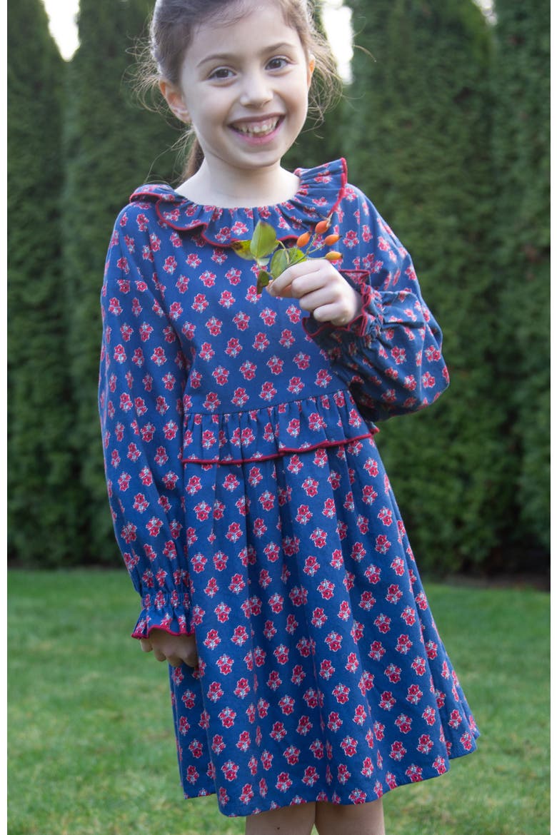 Girls' Ruffle Collar Dress in Long Sleeves | Red and Navy, Alternate, color, Blue