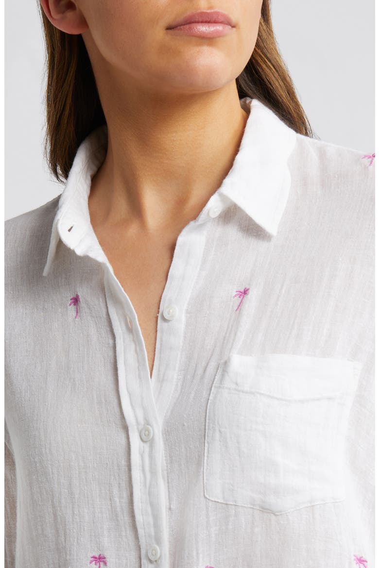 Charli Palm Tree Embroidered Linen Blend Button-Up Shirt, Alternate, color, FUSCHIA EMBROIDERED PALMS