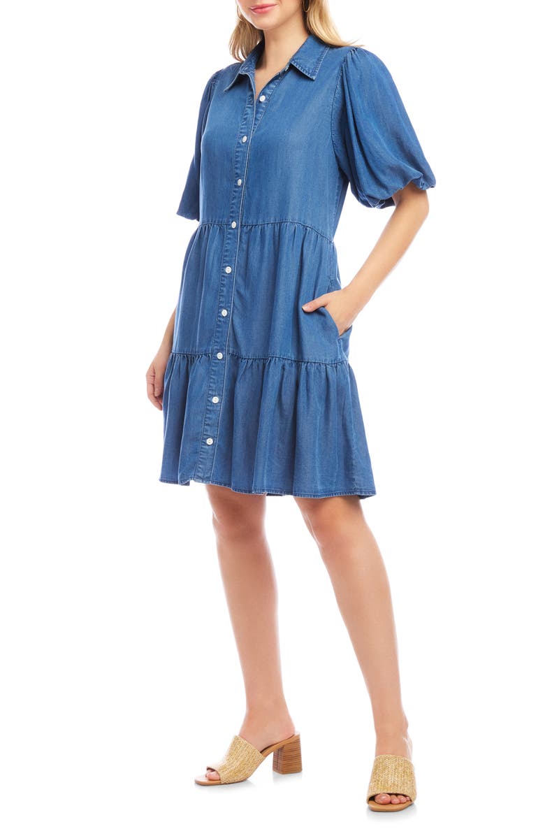 Karen Kane Tiered Puff Sleeve Chambray Shirtdress, Alternate, color, Chambray