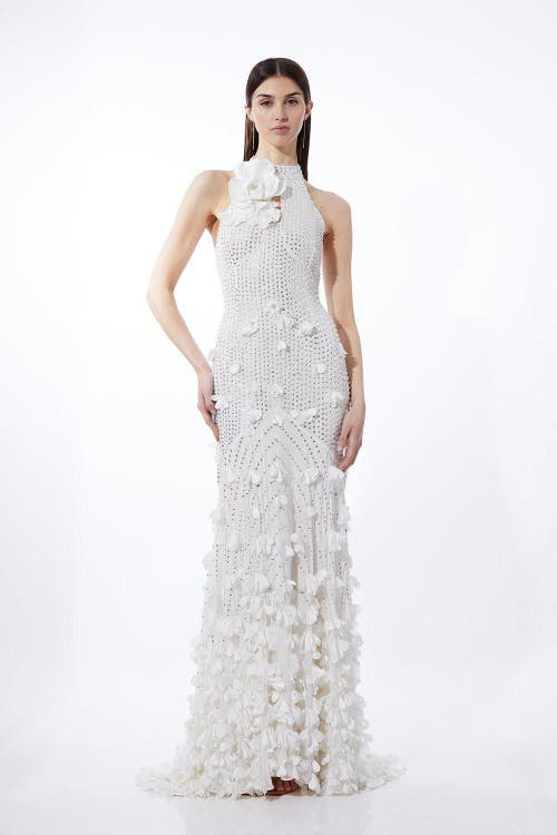 Karen Millen Crystal Rosette Halter-Neck Maxi Dress in Ivory at Nordstrom, Size 4