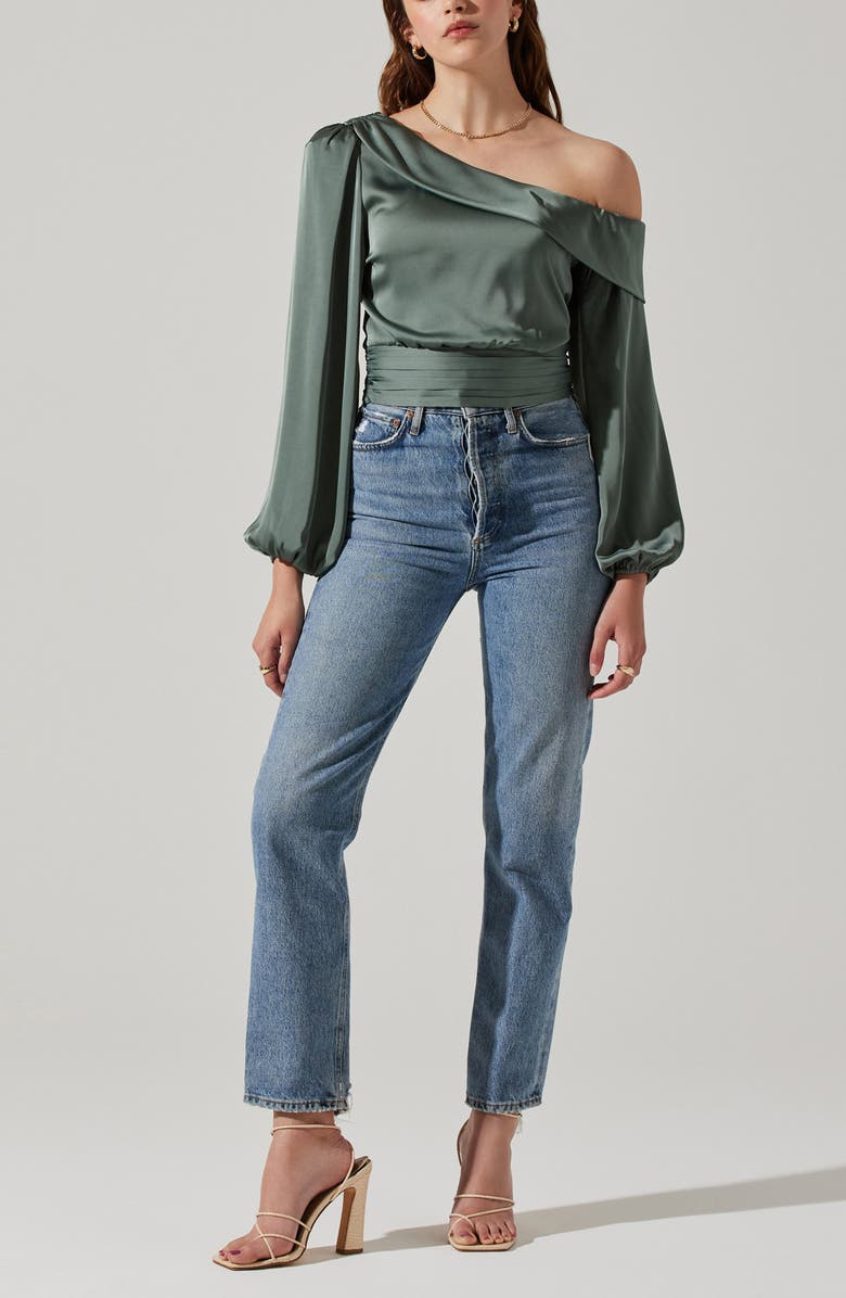 ASTR the Label Off the Shoulder Satin Blouse, Alternate, color, Sage