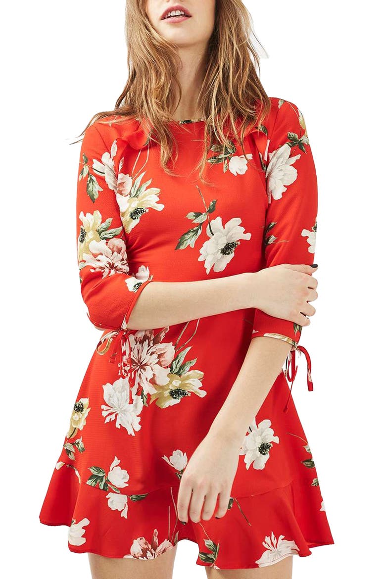Ruffle Floral Tea Dress, Main, color, RED MULTI