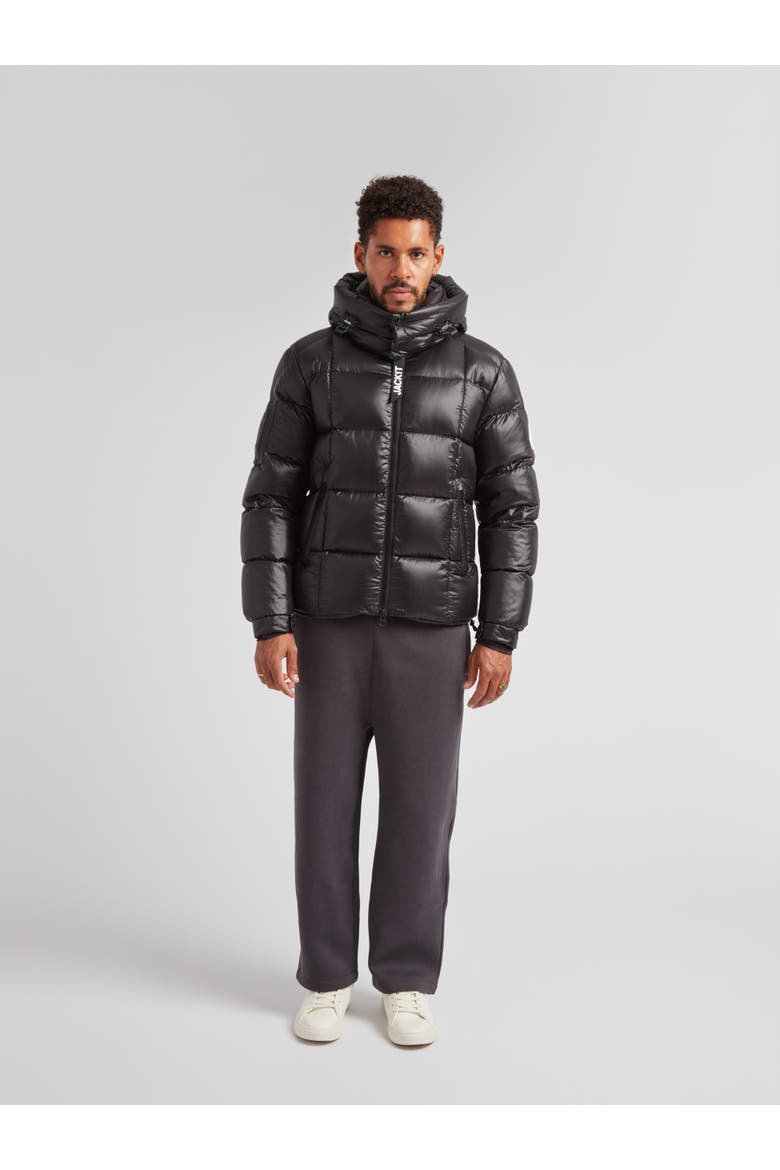 EZ Boxed Hooded Racer Puffer Jacket, Alternate, color, BLACK/BLACK