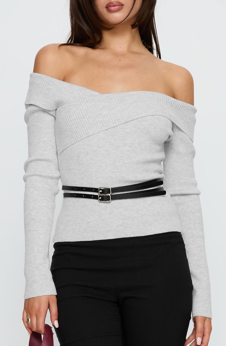 Princess Polly Ellenore Off the Shoulder Belted Sweater, Main, color, Grey