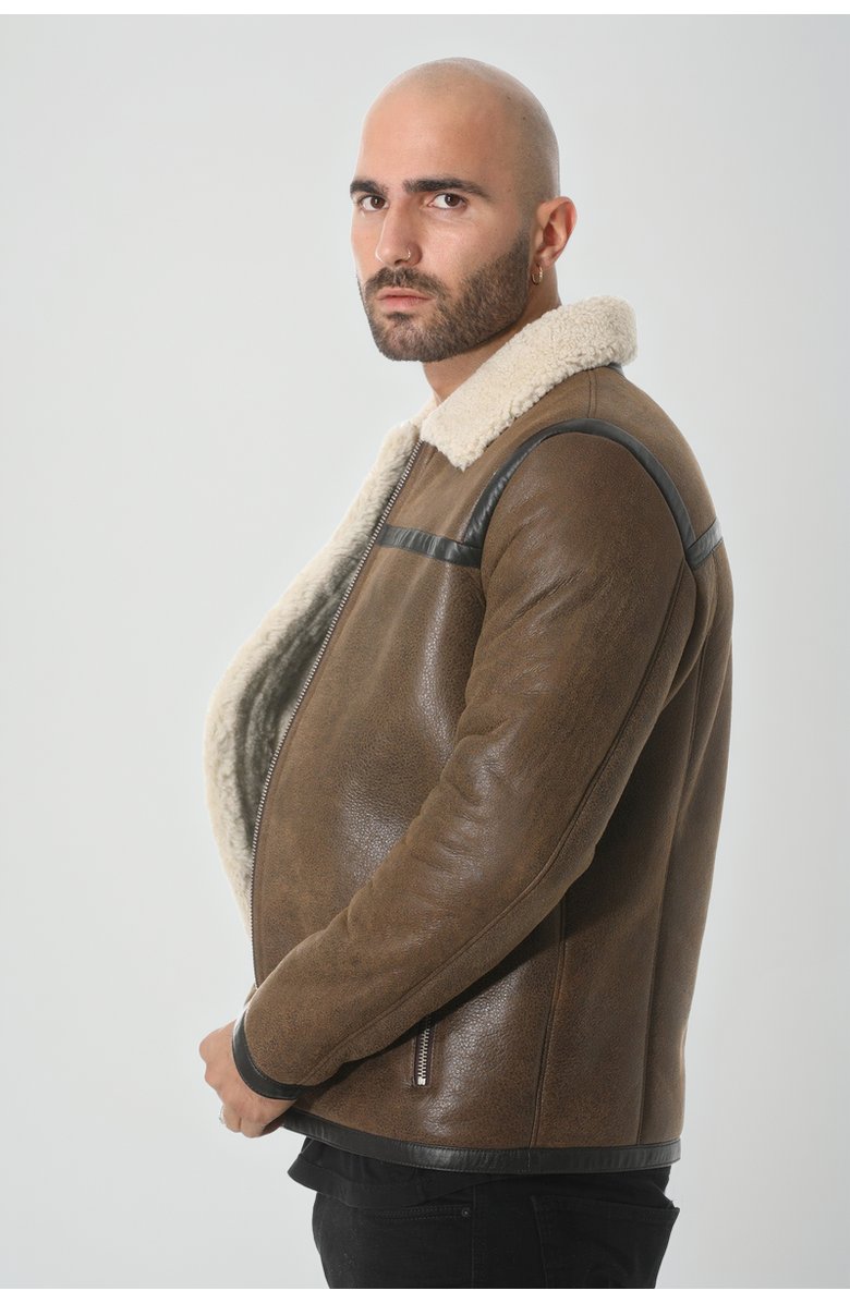 Furniq UK Hugh Leather Shearling Jacket, Alternate, color, Camel Brown