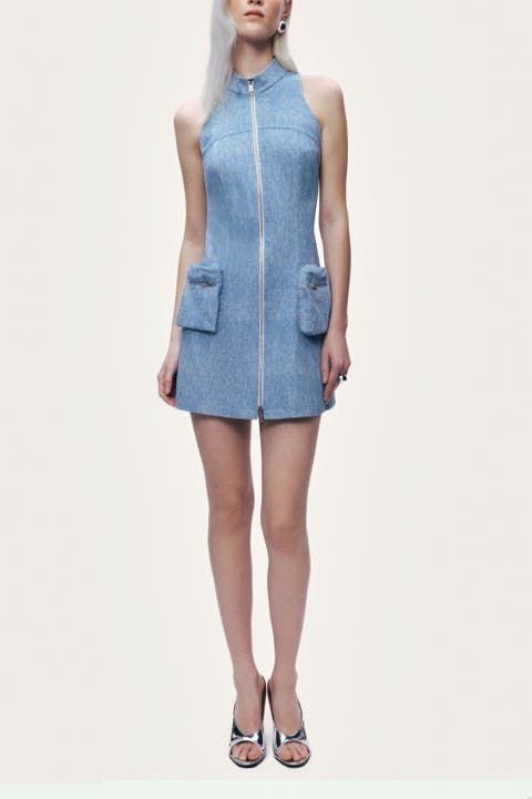 Pocket and Stone Detail Halterneck Mini Dress