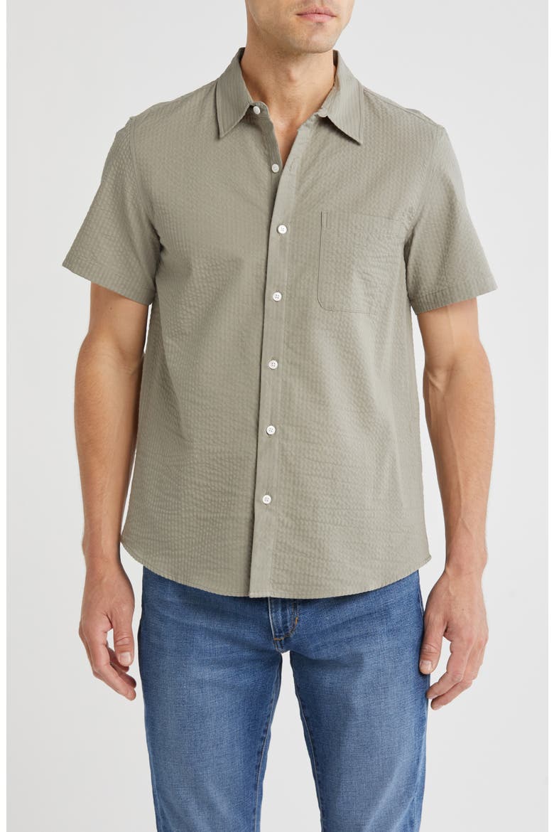 Cotton Seersucker Short Sleeve Button-Up Shirt, Main, color, OLIVE