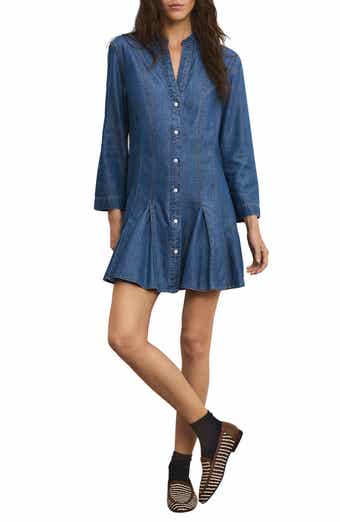 Korinda Godet Pleat Long Sleeve Denim Dress