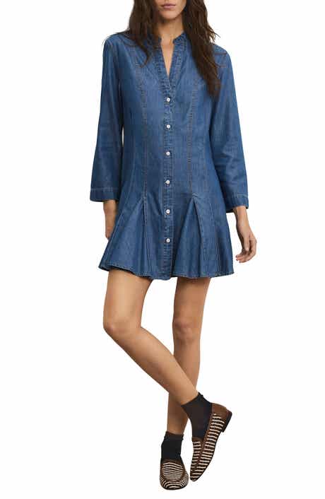 Korinda Godet Pleat Long Sleeve Denim Dress