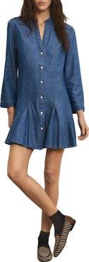 Veronica Beard Korinda Godet Pleat Long Sleeve Denim Dress