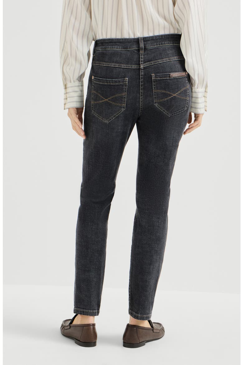 Stretch denim slim five-pocket trousers with shiny leather tab, Alternate, color, Dark Grey