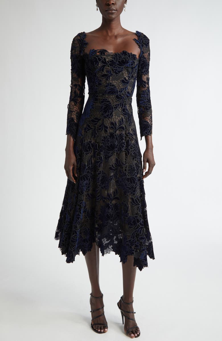 Oscar de la Renta Peony Velvet Guipure Lace Dress, Main, color, Navy