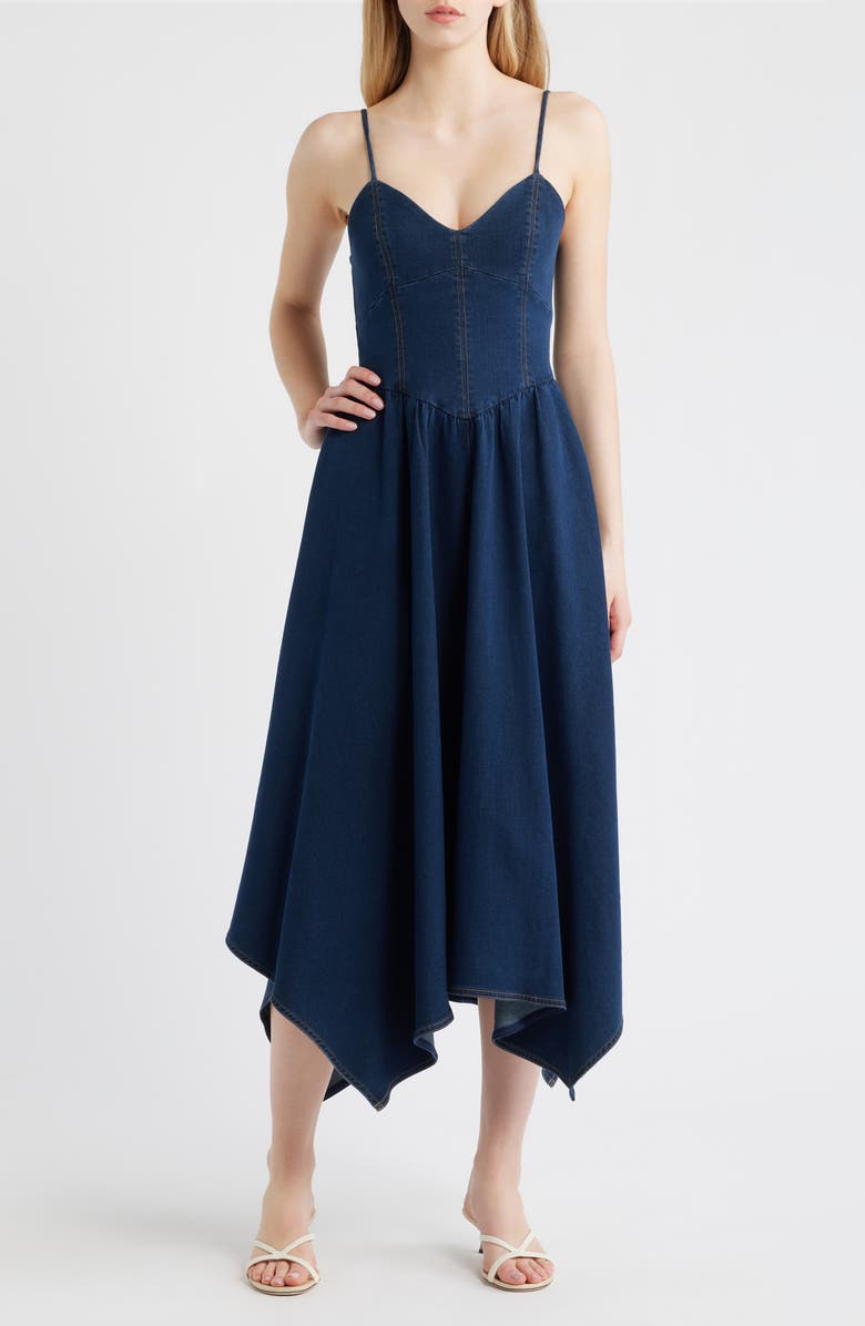 MOON RIVER Handkerchief Hem Denim Dress, Main, color, Indigo