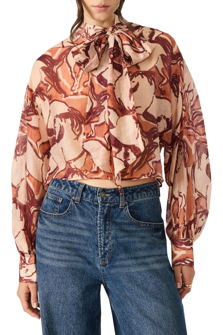 Sutton Equestrian Print Tie Neck Top, Main, color, SORREL HORSE