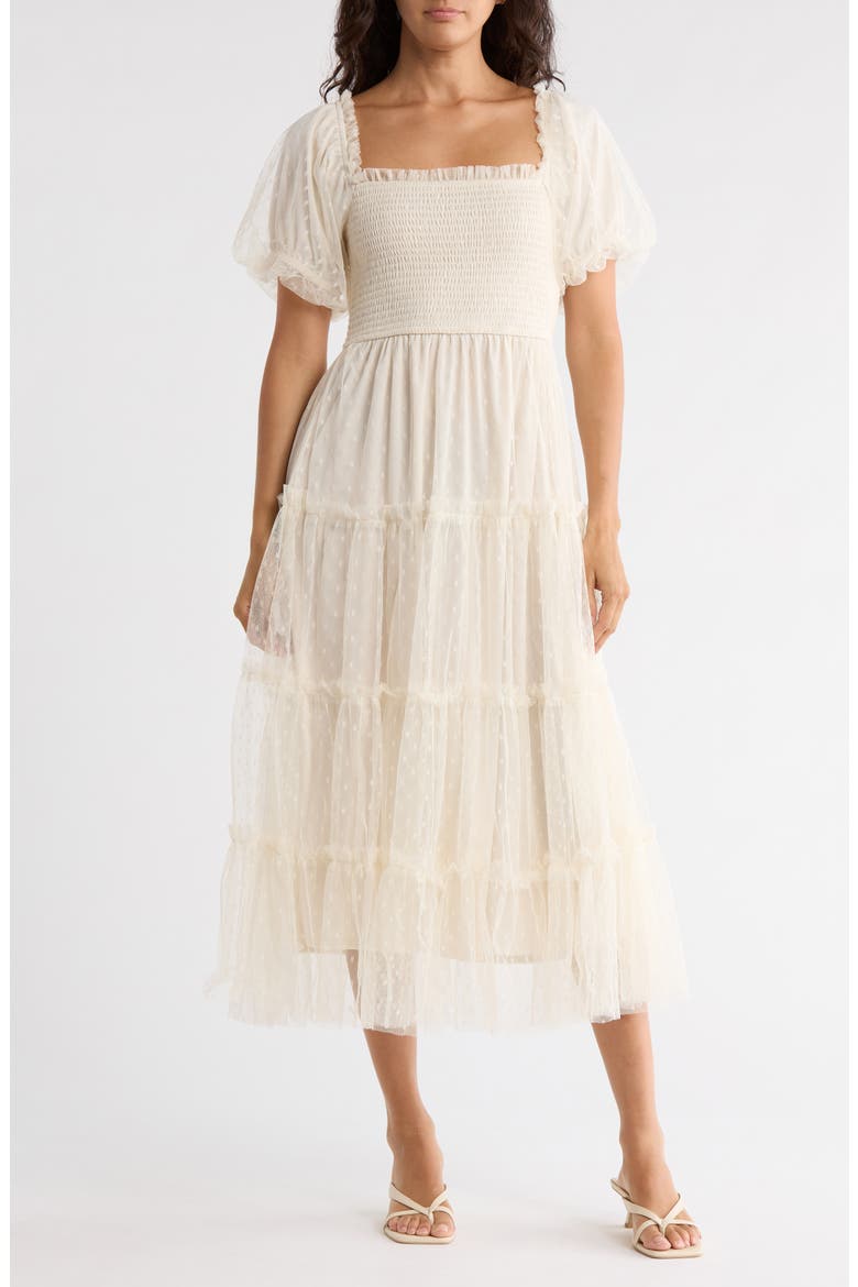 Puff Sleeve Midi Dress, Main, color, CREAM