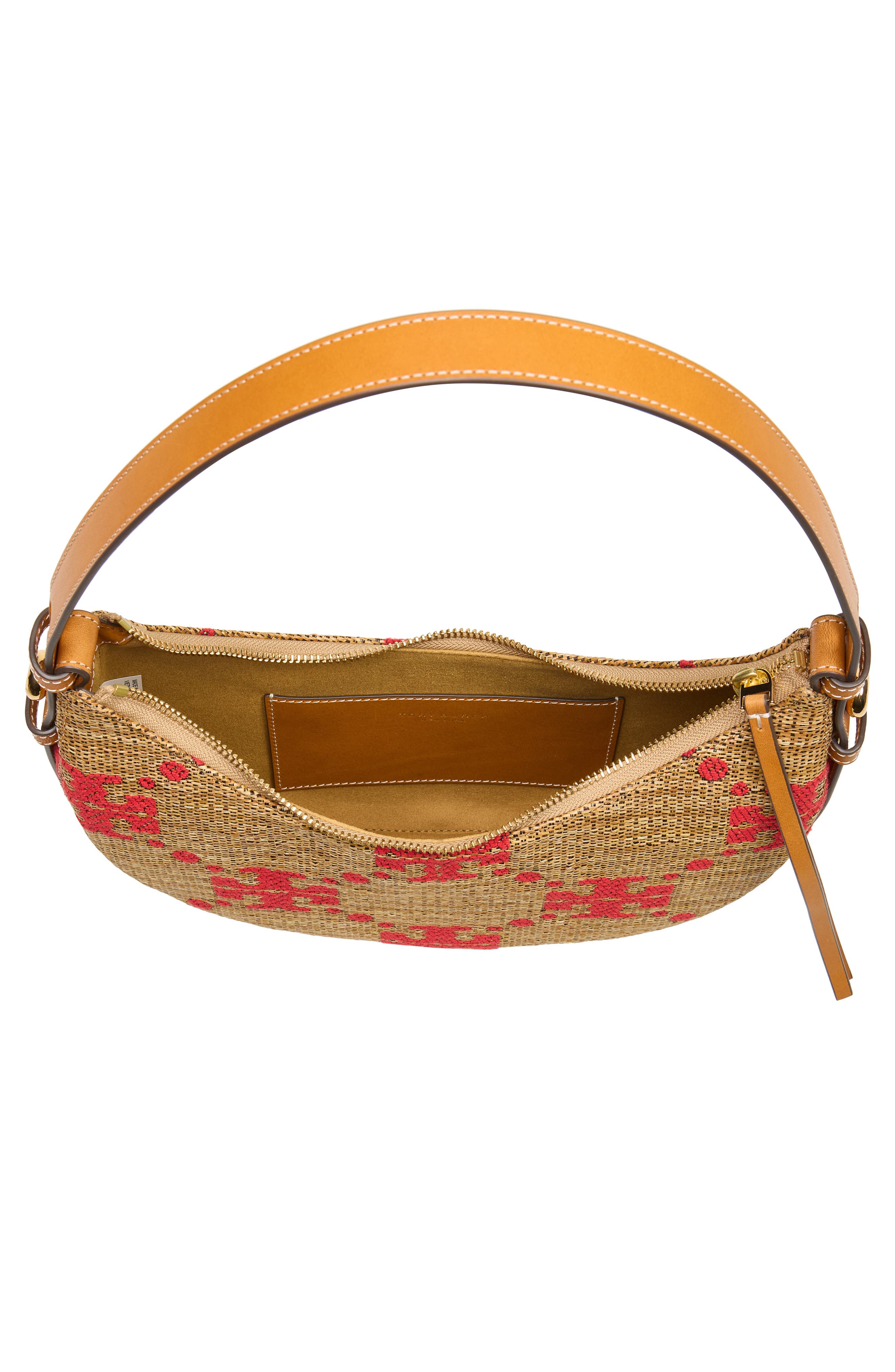 Tory Burch Romy T Monogram Straw Half Moon Shoulder Bag, Alternate, color, Natural