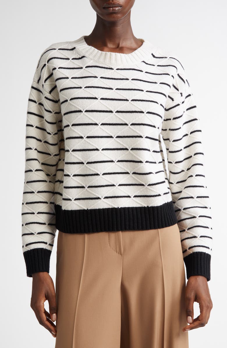 Max Mara Studio Gettone Stripe Diamond Sticth Wool & Cashmere Sweater, Main, color, White