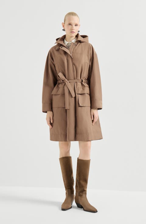 Techno cotton taffeta coat with detachable hood and shiny zipper pull