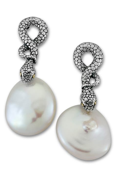 Sterling Silver Baroque Pearl Snake Earrings