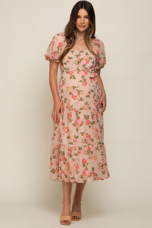 Pinkblush Floral Button Puff Sleeve Midi Dress In Orange