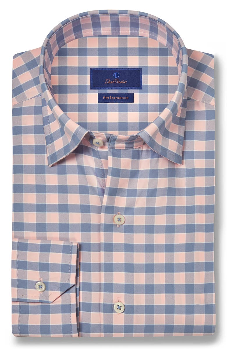 David Donahue Plaid Print Performance Sport Shirt, Main, color, Blue/ Pink