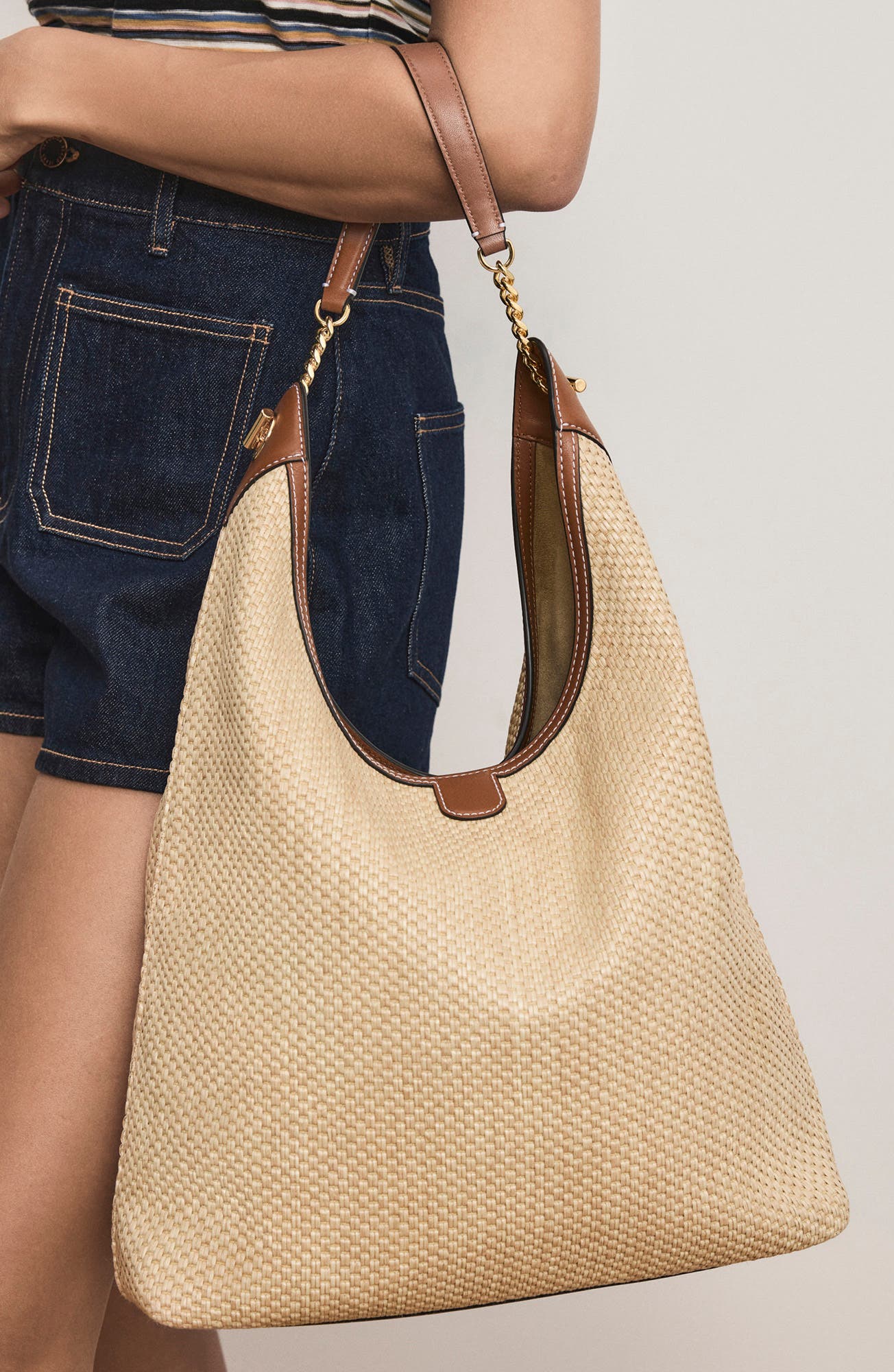 Veronica Beard Jour Raffia & Leather Shoulder Bag, Alternate, color, Hazelwood Natural