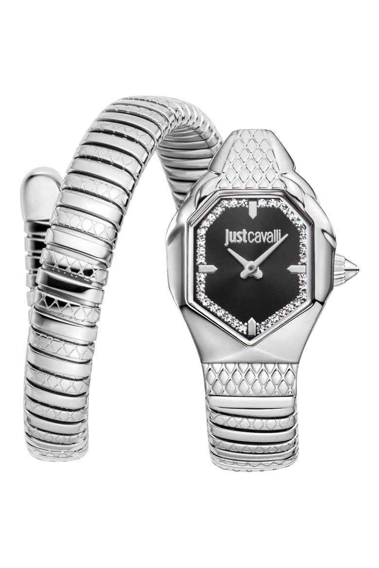 Glam Snake Wraparound Bracelet Watch, 22mm x 34.5mm, Main, color, SILVER/BLACK