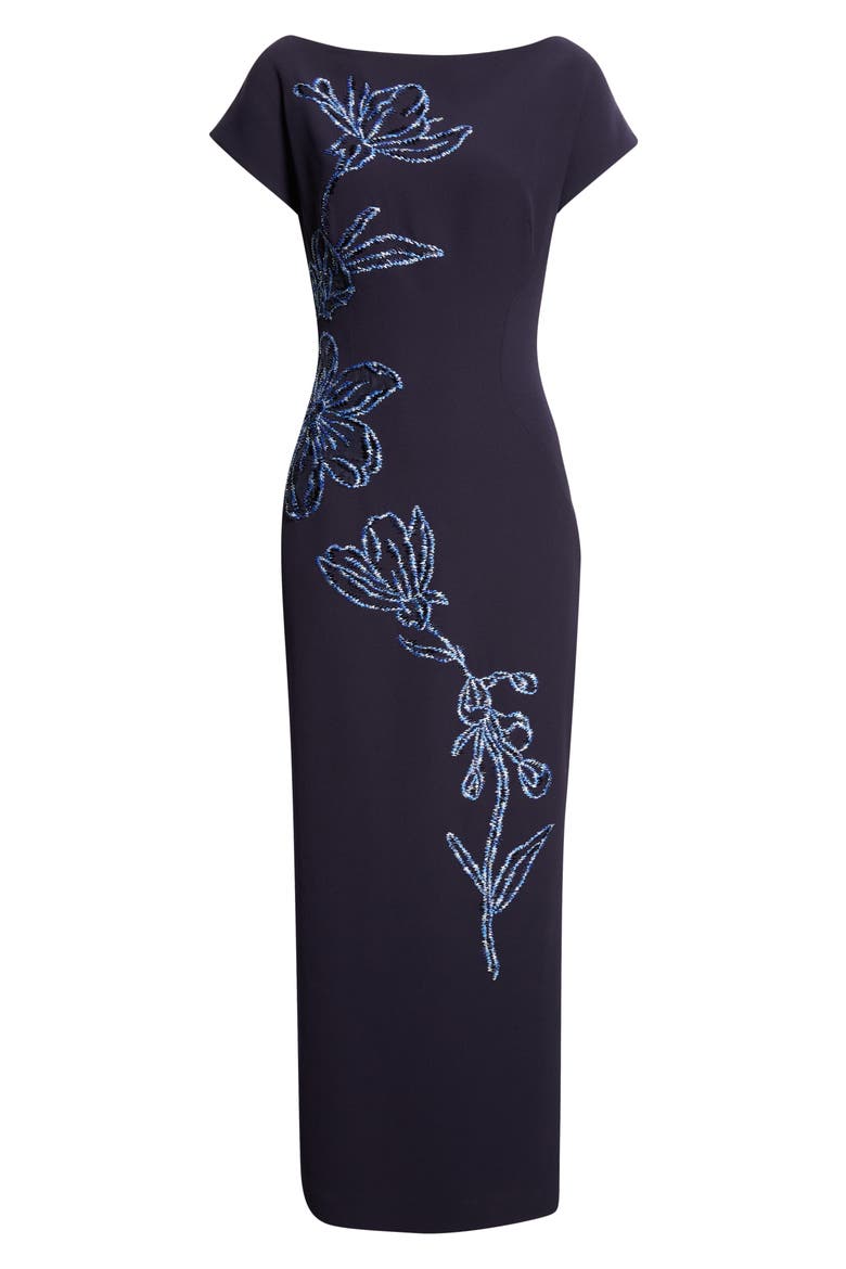 Ikat Floral Embroidered Stretch Crepe Gown, Alternate, color, NAVY/ BLUE