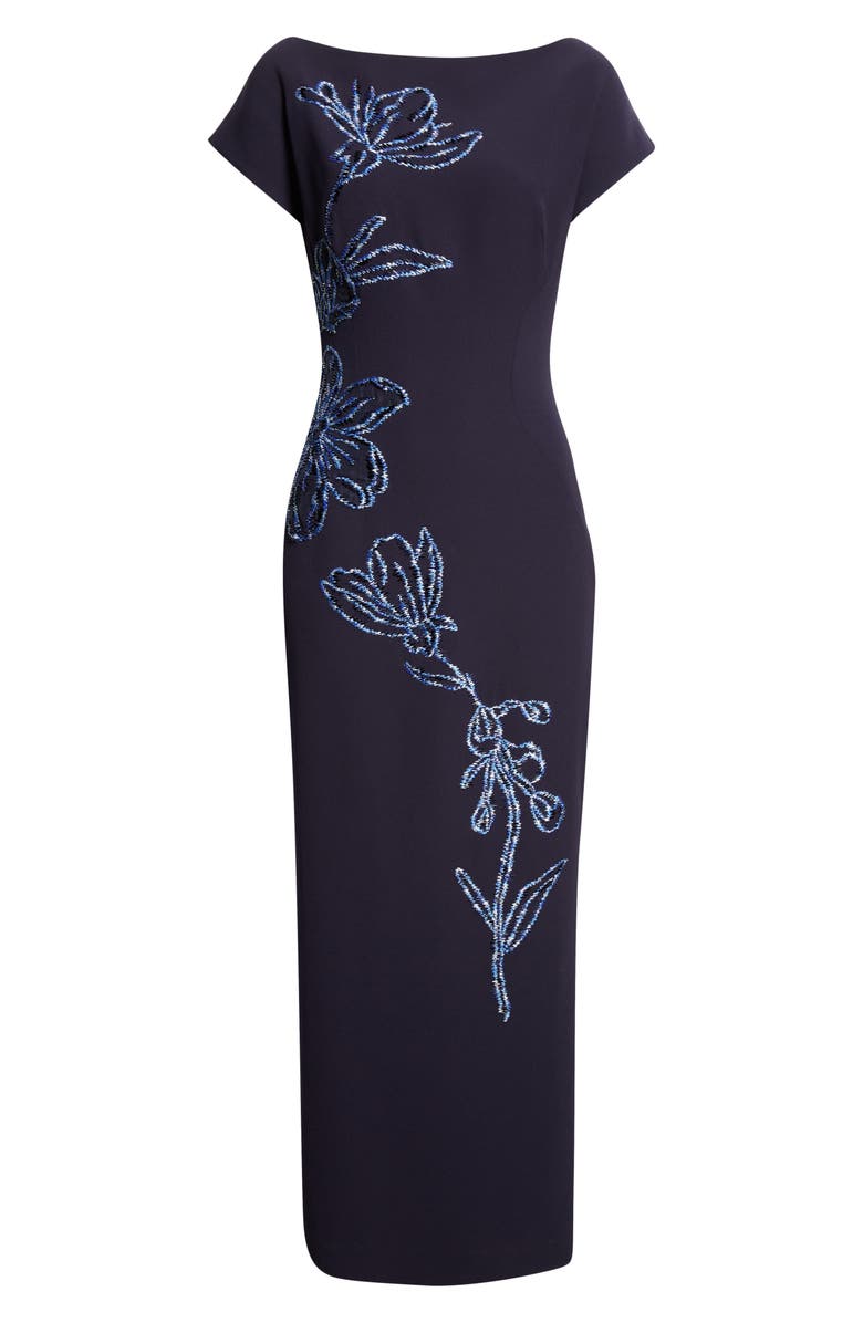 Lela Rose Ikat Floral Embroidered Stretch Crepe Gown, Alternate, color, Navy/ Blue