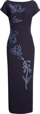 Lela Rose Ikat Floral Embroidered Stretch Crepe Gown