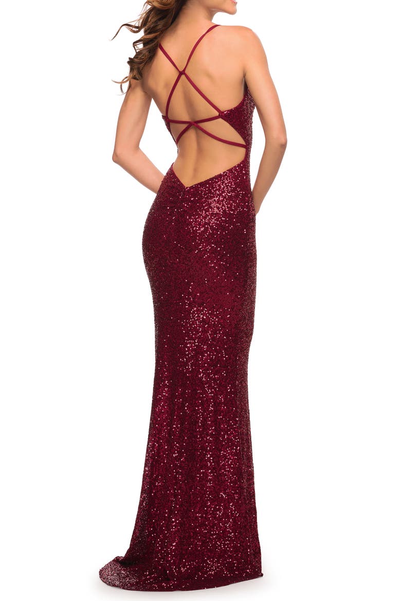 Soft Sequin Long Gown with Lace Up Back, Alternate, color, Wine